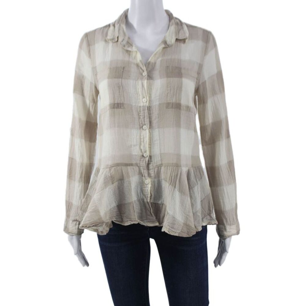 Dylan Womens Basic Plaid Cotton Collared Button-Up Long Sleeve Beige Size XS